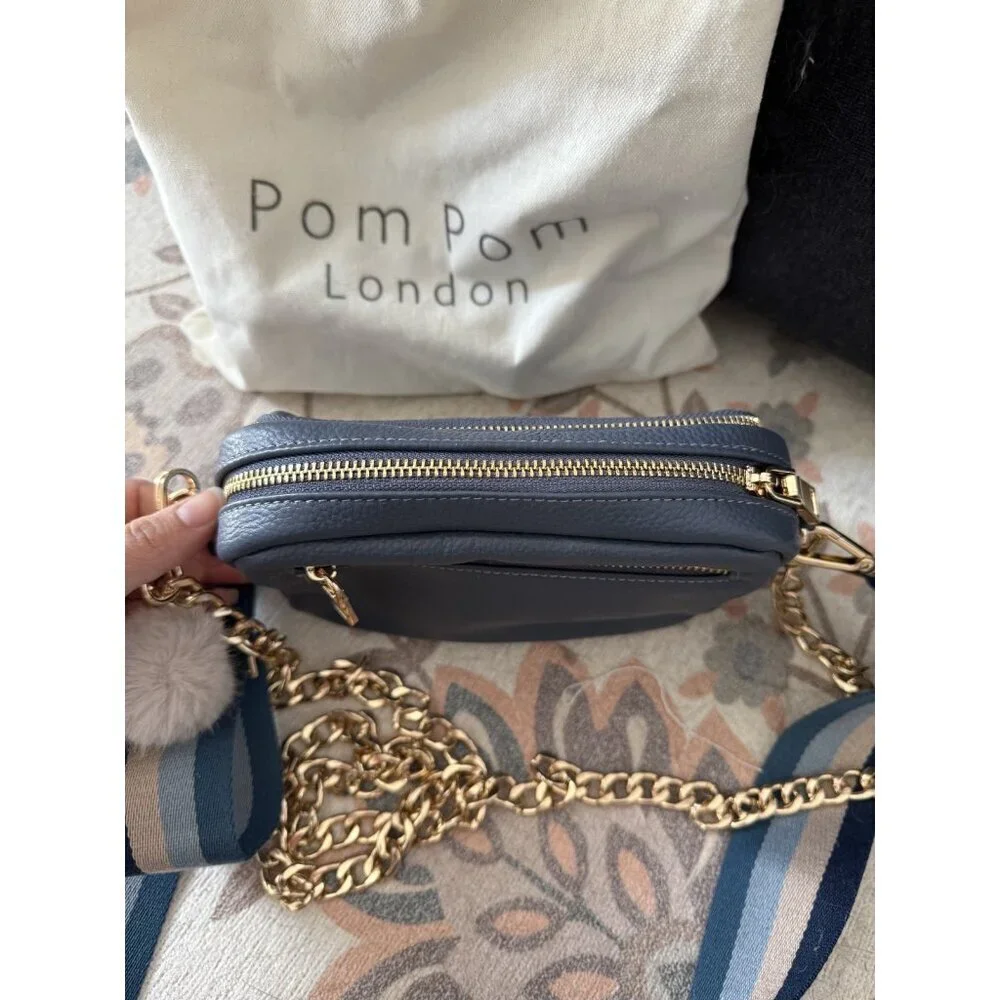 Pom Pom London Original Leather Crossbody Bag In Slate Blue With 2 Straps Small